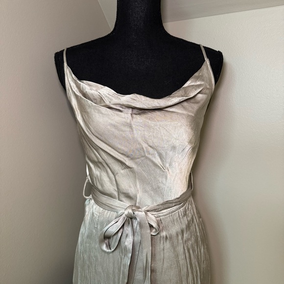 Women’s size small metallic jumpsuit with split leg detail, cowl neck, tie waist - Picture 3 of 7